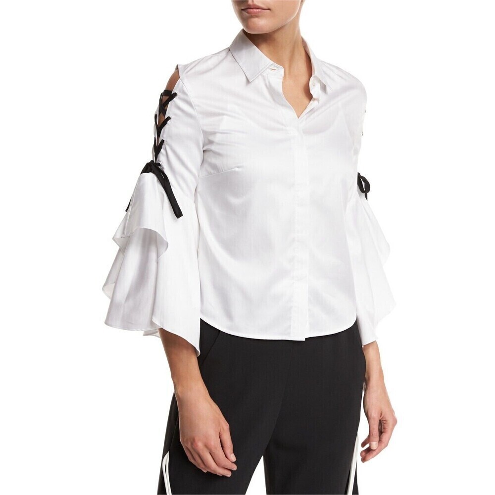 SIMKHAI White Lace Up Bell Sleeve Tier Polin Shirt S Business Office